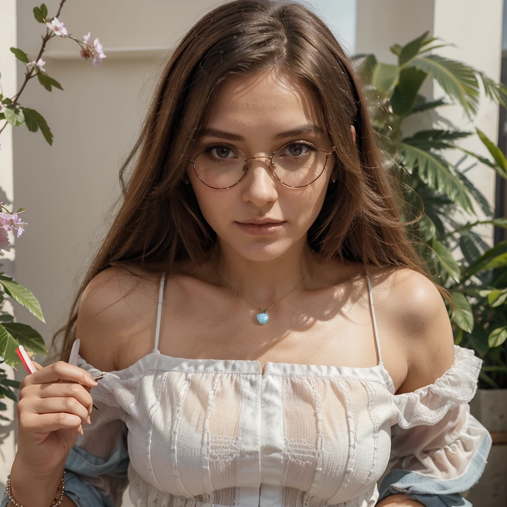 génére moi la plus belle femme au monde avec une tenue parfaite des bijoux parfait des accesoirs parfait je veux que tout soit trés originale avec une qualité hyper réaliste trés détaillée en 8k avec des lunettes dans les cheveux en non sur le nez