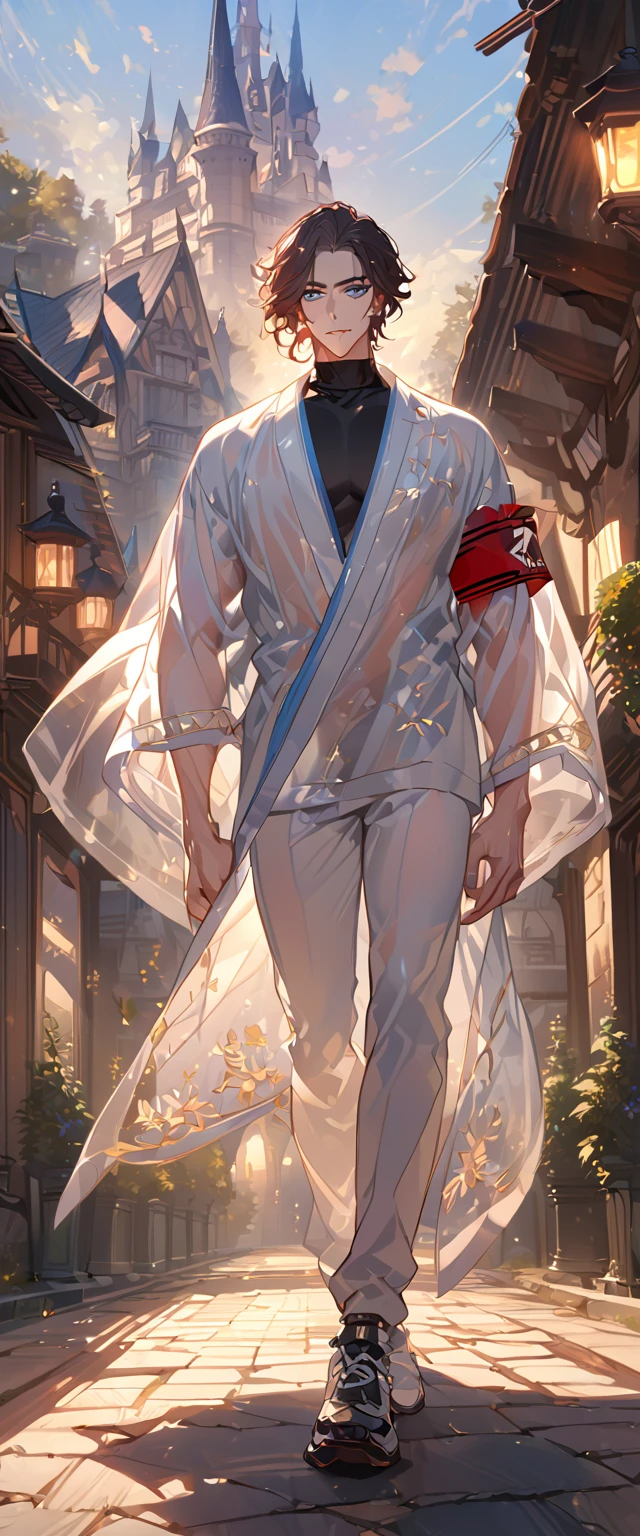 masterpiece, best quality, 8k ,4k ,solo, male, short dark blue reddish hair, black sleeveless turtle neck shirt, transparent robe hanging by the shoulder, transparent embroidery robes, white jogger pants, Walking, Manly pose, muscle arms, Armband, bangs, blue reddish eyes, pale skin, sharp look, Sharp eyes, Morning walk, Castle Hall Background, high quality, extremely detailed, finely detailed eyes and detailed face, slender body, inspired by Asukaziye artist : ask, art style : ask