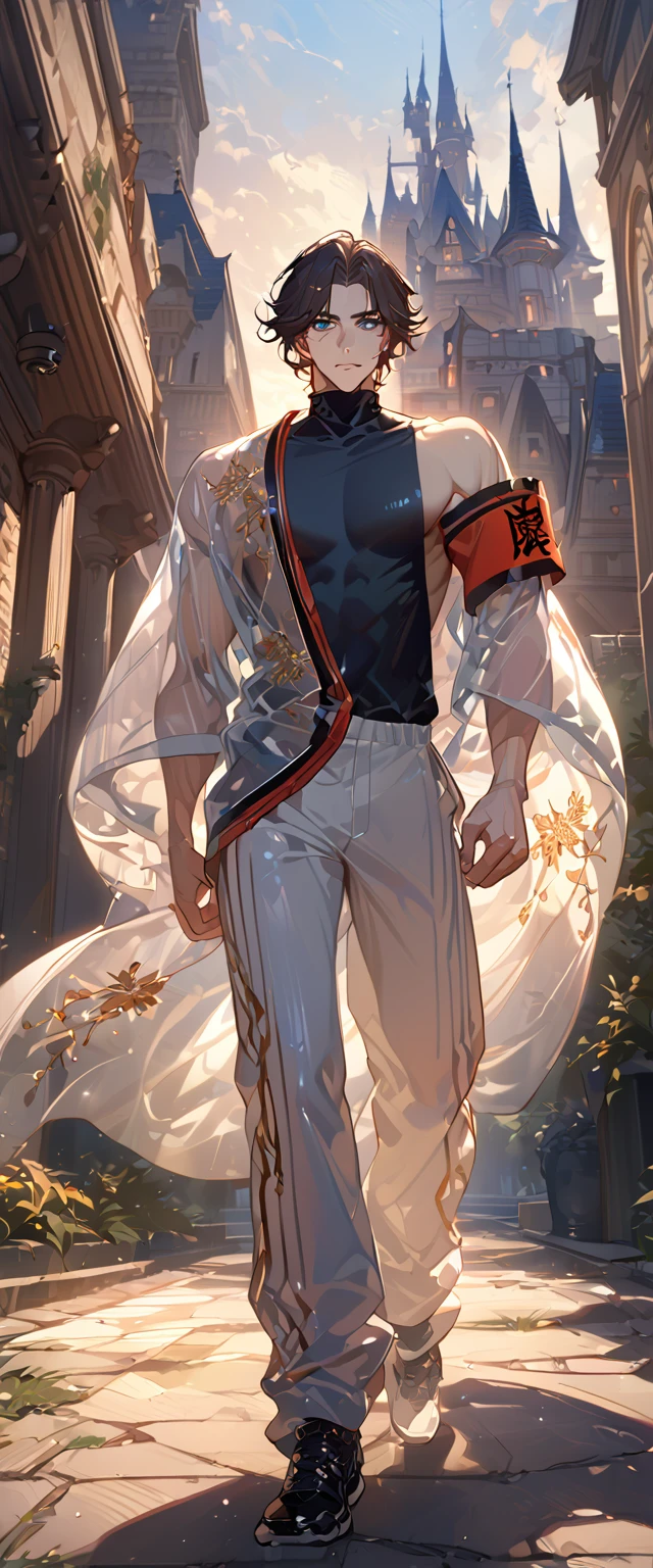 masterpiece, best quality, 8k ,4k ,solo, male, short dark blue reddish hair, black sleeveless turtle neck shirt, transparent robe hanging by the shoulder, transparent embroidery robes, white jogger pants, Walking, Manly pose, muscle arms, Armband, bangs, blue reddish eyes, pale skin, sharp look, Sharp eyes, Morning walk, Castle Hall Background, high quality, extremely detailed, finely detailed eyes and detailed face, slender body, inspired by Asukaziye artist : ask, art style : ask