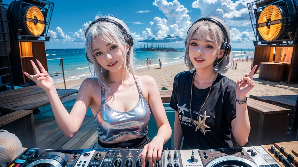 (ultra - detailed, 16K resolution, Cinema lenses, rendering by octane), (high resolution:1.18), intricate detail, (masterpiece:1.1), (highest quality:1.1), (1girl, portrait, white hair, blue eyes, short hair, detailed eyes),Wearing silver DJ headphones, Shiny silver sequined T-shirt, (in the beach:1.5), (Iconic hip-hop pop costumes:1.3), Smile while DJing on stage, DJ studio next to the beach, ((A stylish DJ stage on a hill overlooking the beach)), full body shot, Photorealistic photography by Sunshine, (cute round face:1.3), perfect fingers, five fingers, beautiful hands, perfect hands. master peace, cute smile.