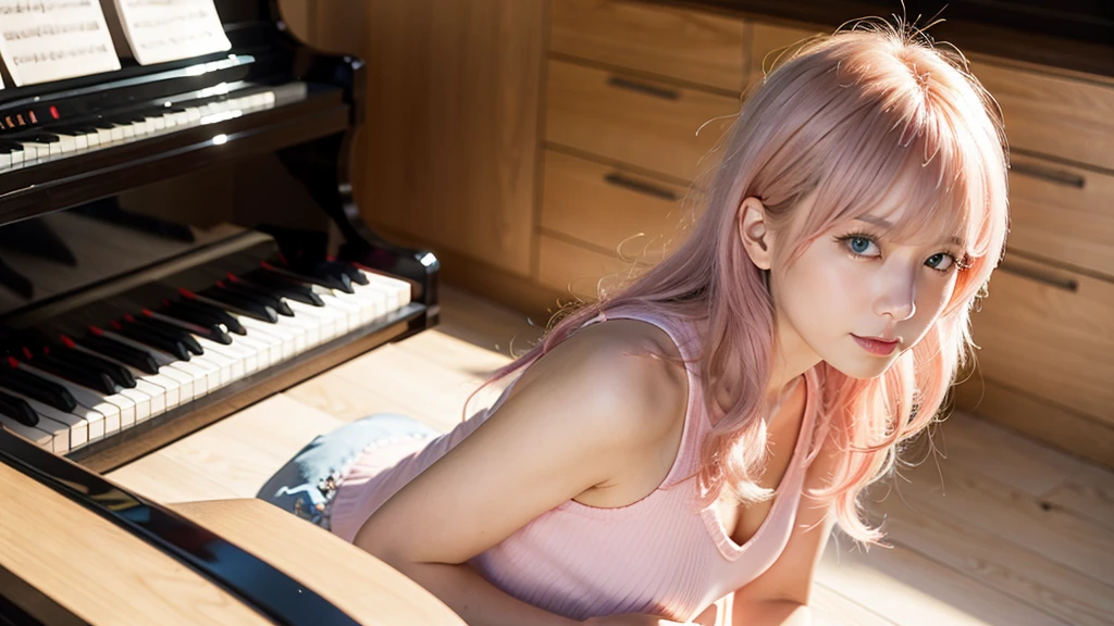 playing piano.Ai Hoshino, beige pink hair, Blue Hair,Long Hair, favorite , Beautiful, shining eyes, Stars in my eyes, Idol,Long pink hair