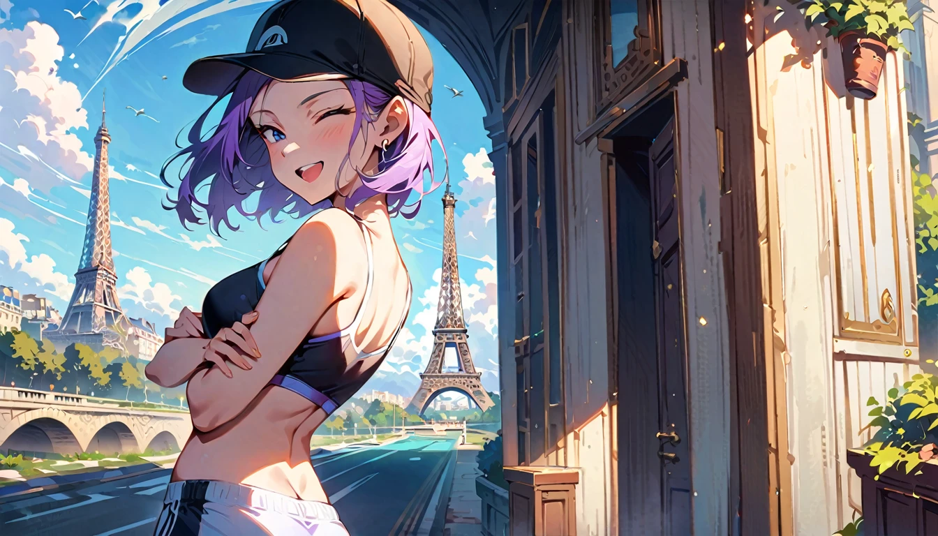 (masterpiece, best quality:1.2), solo, Android 18 from Dragon Ball, ((crop sport bra)), (short dolphin shorts), medium breasts, short purple hair loose, ((black eyes)), earrings on earlobes, slender feminine figure, narrow waistline, skinny body, (plane black cap), (cap without logo), sky, head tilt, looking at viewer, light blush, shot from behind, looking back, back view, beautiful armpits, arms up, walking, the Eiffel Tower, outside, natural lighting and shadows, magnificent view, blur background, 4K, open mouth, smile, full body, panties aside, pantyshot, side boob,