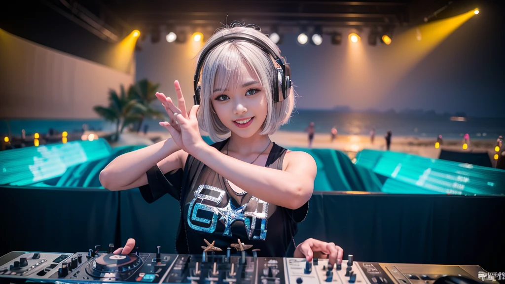 (ultra - detailed, 16K resolution, Cinema lenses, rendering by octane), (high resolution:1.18), intricate detail, (masterpiece:1.1), (highest quality:1.1), (1girl, portrait, white hair, blue eyes, short hair, detailed eyes),Wearing silver DJ headphones, Shiny silver sequined T-shirt, (in the beach:1.5), (Iconic hip-hop pop costumes:1.3), Smile while DJing on stage, DJ studio next to the beach, ((A stylish DJ stage on a hill overlooking the beach)), full body shot, Photorealistic photography by Sunshine, (cute round face:1.3), perfect fingers, five fingers, beautiful hands, perfect hands. master peace, cute smile.