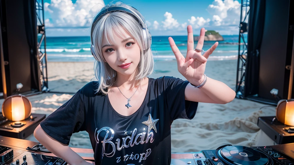 (ultra - detailed, 16K resolution, Cinema lenses, rendering by octane), (high resolution:1.18), intricate detail, (masterpiece:1.1), (highest quality:1.1), (1girl, portrait, white hair, blue eyes, short hair, detailed eyes),Wearing silver DJ headphones, Shiny silver sequined T-shirt, (in the beach:1.5), (Iconic hip-hop pop costumes:1.3), Smile while DJing on stage, DJ studio next to the beach, ((A stylish DJ stage on a hill overlooking the beach)), full body shot, Photorealistic photography by Sunshine, (cute round face:1.3), perfect fingers, five fingers, beautiful hands, perfect hands. master peace, cute smile.