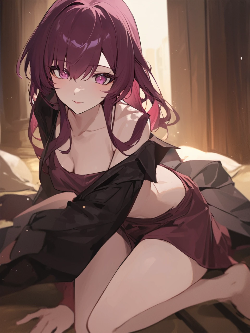 super fine illustrations,Animate,1 boy,Lewd expression,Sexy,Gay,pleasant sensation,vehement,Bed,perspired,barechested,Heart to eye,Ponytail hairstyle，Parted bangs,A pink-haired,Red eyes,White skin,Full body like，Femininity，Wear only sexy lace panties，There is a white liquid on the body，Bare male genitalia，There is only one person，Stick out her tongue