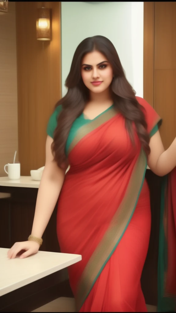 Indian cute girl 30 years old marriage life like, high - resolution women with a perfect figure Super fine face and eyes, slong hair, small Tank top Colour Wearing a traditional saree, bulky figure, huge big extra large and full chubby body, looking front, fair complexion, pond backgrounds. Hung , Plus size model, 4k, 8k,