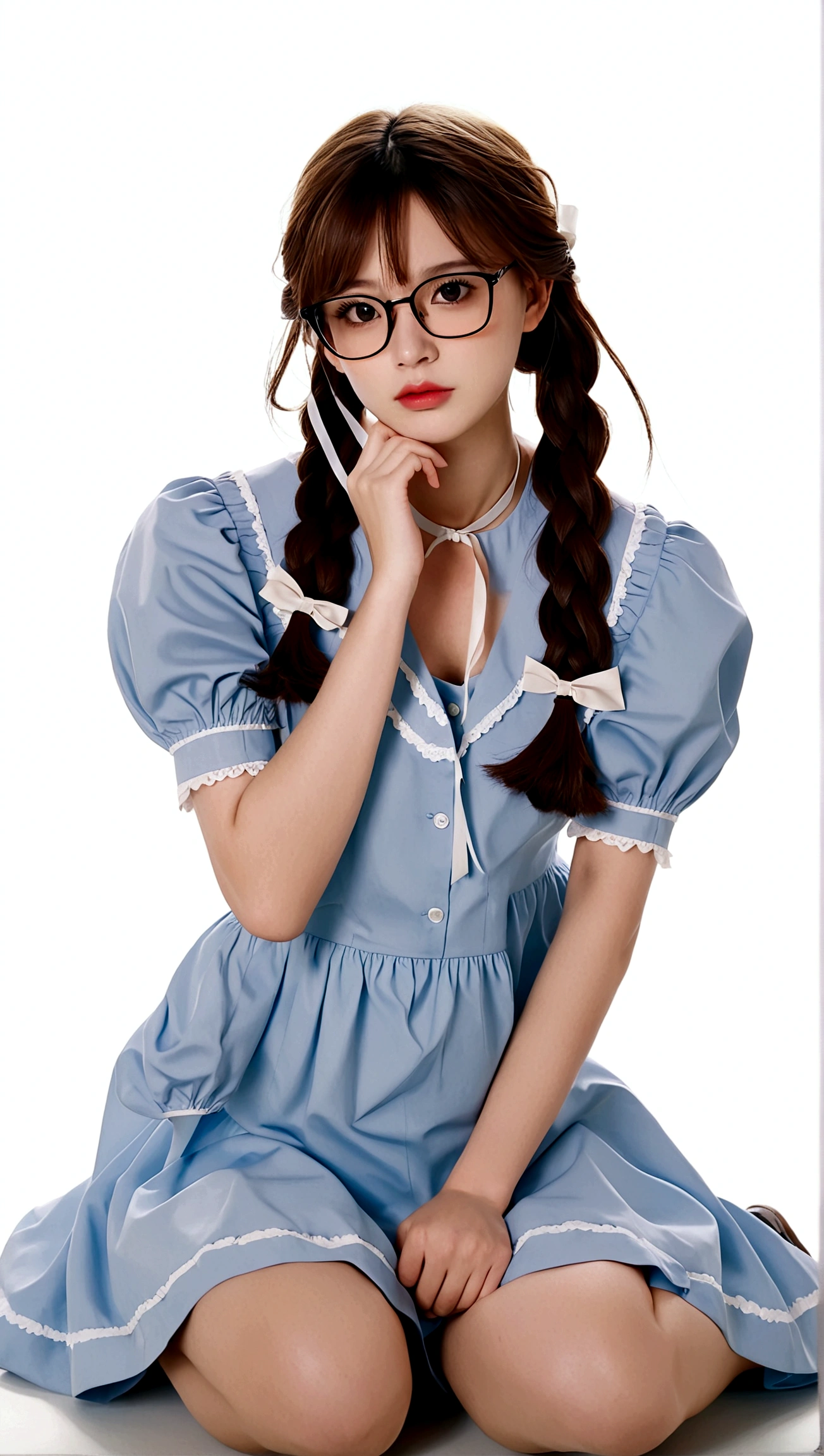 1girl, solo, looking at viewer, bangs, simple background, brown hair, white background, dress, ribbon, hair between eyes, brown eyes, sitting, braid, short sleeves, parted lips, shoes, glasses, socks, puffy sleeves, hand up, white dress, twin braids, puffy short sleeves, head tilt, neck ribbon, arm support, blue ribbon, black-framed eyewear, yokozuwari, collared dress