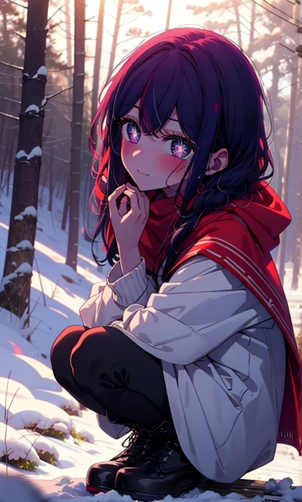 aihoshino, Ai Hoshino, Long Hair, bangs, (Purple eyes:1.1), Purple Hair, (Symbol-shaped pupil:1.5), smile,,smile,blush,White Breath,
Open your mouth,snow,Ground bonfire, Outdoor, boots, snowing, From the side, wood, suitcase, Cape, Blurred, , forest, White handbag, nature, Squat, Mouth closed, Cape, winter, Written boundary depth, Black shoes, red Cape break looking at viewer, Upper Body, whole body, break Outdoor, forest, nature, break (masterpiece:1.2), Highest quality, High resolution, unity 8k wallpaper, (shape:0.8), (Beautiful and beautiful eyes:1.6), Highly detailed face, Perfect lighting, Extremely detailed CG, (Perfect hands, Perfect Anatomy),