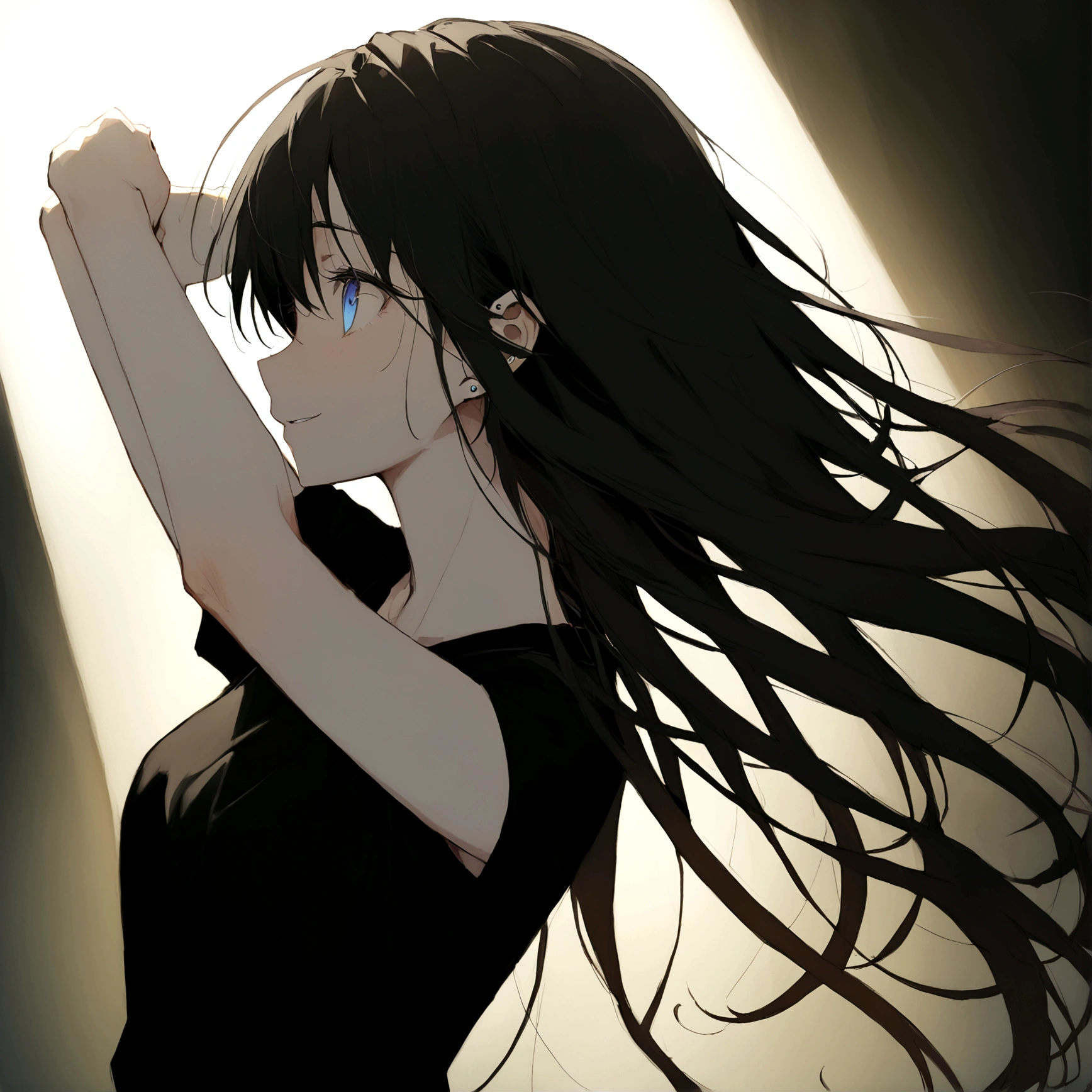 ((Generate a half-length anime portrait of a captivating scene featuring a stunning 20-year-old girl,)) ((semi lateral view,)) with medium long black hair, evil smile, with sports shorts and a black shirt. ((with his arms raised playing with his hair,)) piercing, blue eyes, medium chest, photography style ,