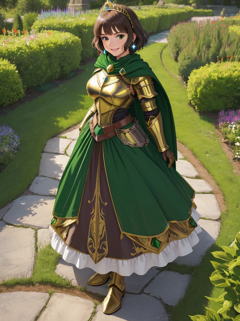 masterpiece, best quality:1.2), 1girl, smile, looking at viewer, green eyes, short brown hair, princess, armor, , pauldrons, armored dress, green cloak cape, wearing puffy blue ballgown skirt, golden tiara with green gem, armored boots, fingerless gloves, standing in medieval garden