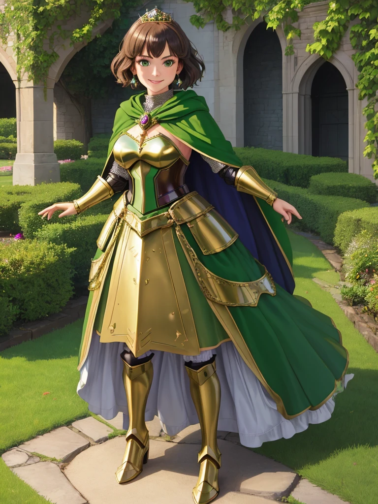 masterpiece, best quality:1.2), 1girl, smile, looking at viewer, green eyes, short brown hair, princess, armor, , pauldrons, armored dress, green cloak cape, wearing puffy blue ballgown skirt, golden tiara with green gem, armored boots, fingerless gloves, standing in medieval garden
