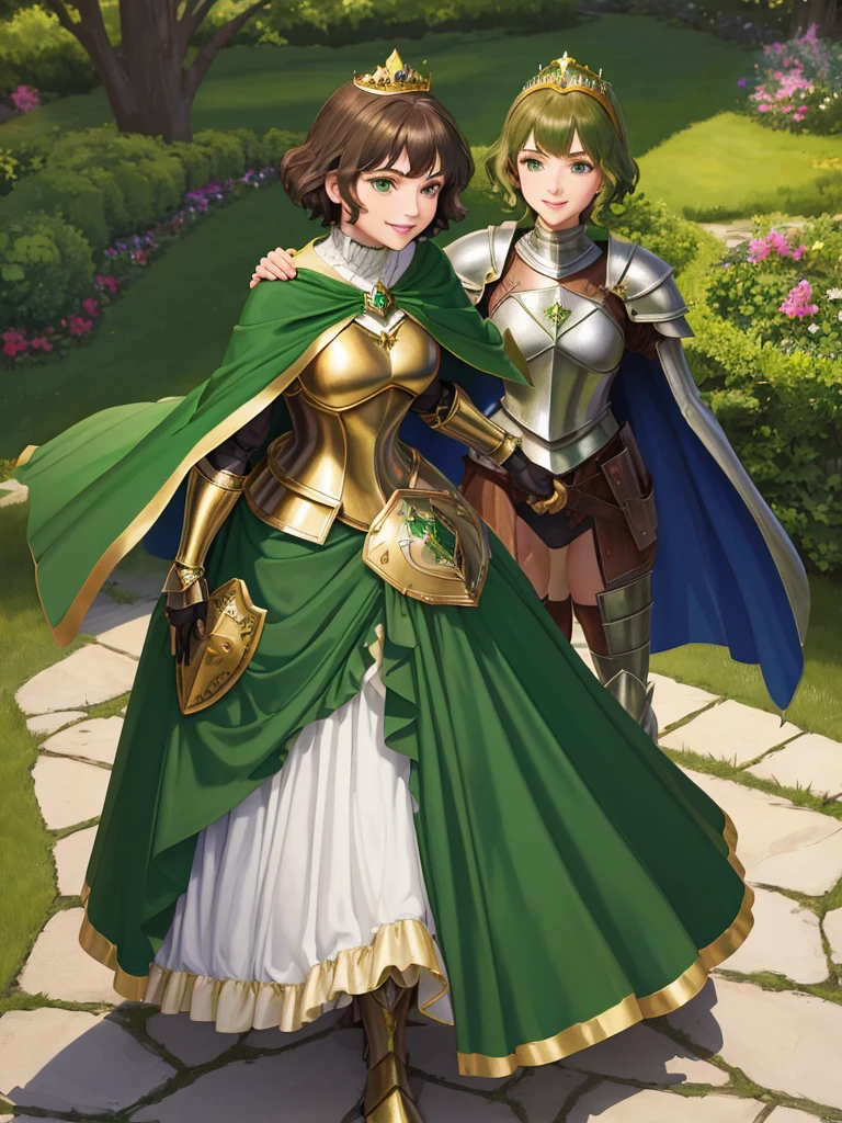 masterpiece, best quality:1.2), 1girl, smile, looking at viewer, green eyes, short brown hair, princess, armor, , pauldrons, armored dress, green cloak cape, wearing puffy blue ballgown skirt, golden tiara with green gem, armored boots, fingerless gloves, standing in medieval garden