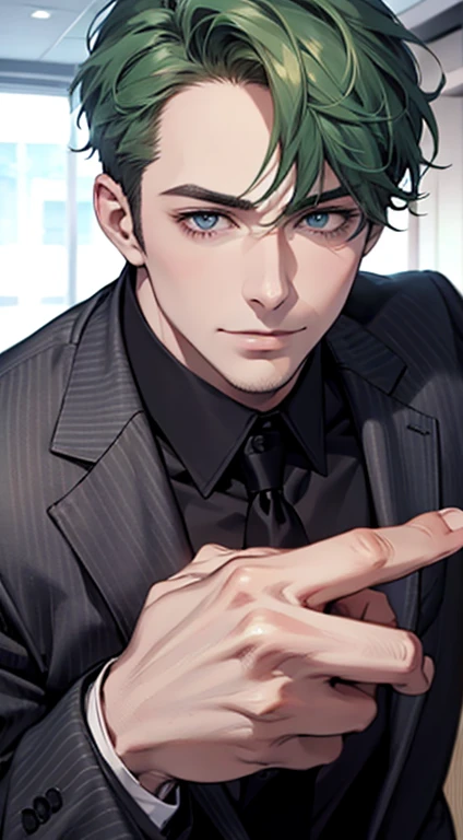 (best quality,4k,8k,highres,masterpiece:1.2),ultra-detailed,(realistic,photorealistic,photo-realistic:1.37),1 man,31 years old,mature man,very handsome,without expression,smile,short green hair,blue eyes,penetrating gaze,perfect face without errors,imposing posture,businessman,office background,cinematic lighting,hdr image