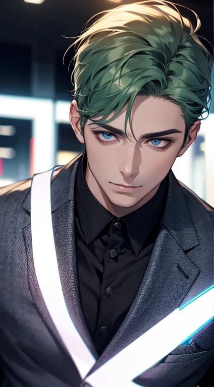 (best quality,4k,8k,highres,masterpiece:1.2),ultra-detailed,(realistic,photorealistic,photo-realistic:1.37),1 man,31 years old,mature man,very handsome,without expression,smile,short green hair,blue eyes,penetrating gaze,perfect face without errors,imposing posture,businessman,office background,cinematic lighting,hdr image
