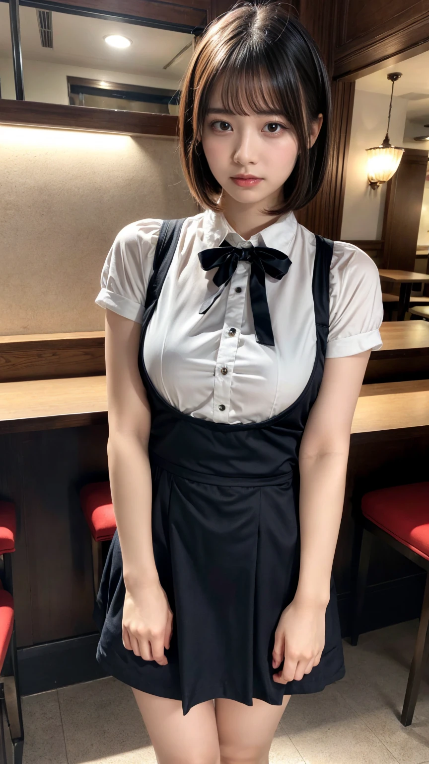 masterpiece, best quality, illustration, Super detailed, fine details, High resolution, 8K,wall paper, perfect dynamic composition,(Details High quality, realistic depiction of eyes:1.3), waitress uniform, restaurant, huge breasts, short bob hair、black hair color, Big Natural Color Lip, (perfect body shape), crying a little、cold gaze, Harajuku style、20 year old girl、cute type、ta、beautiful legs, focus on crotch, full body photo, gravure idol