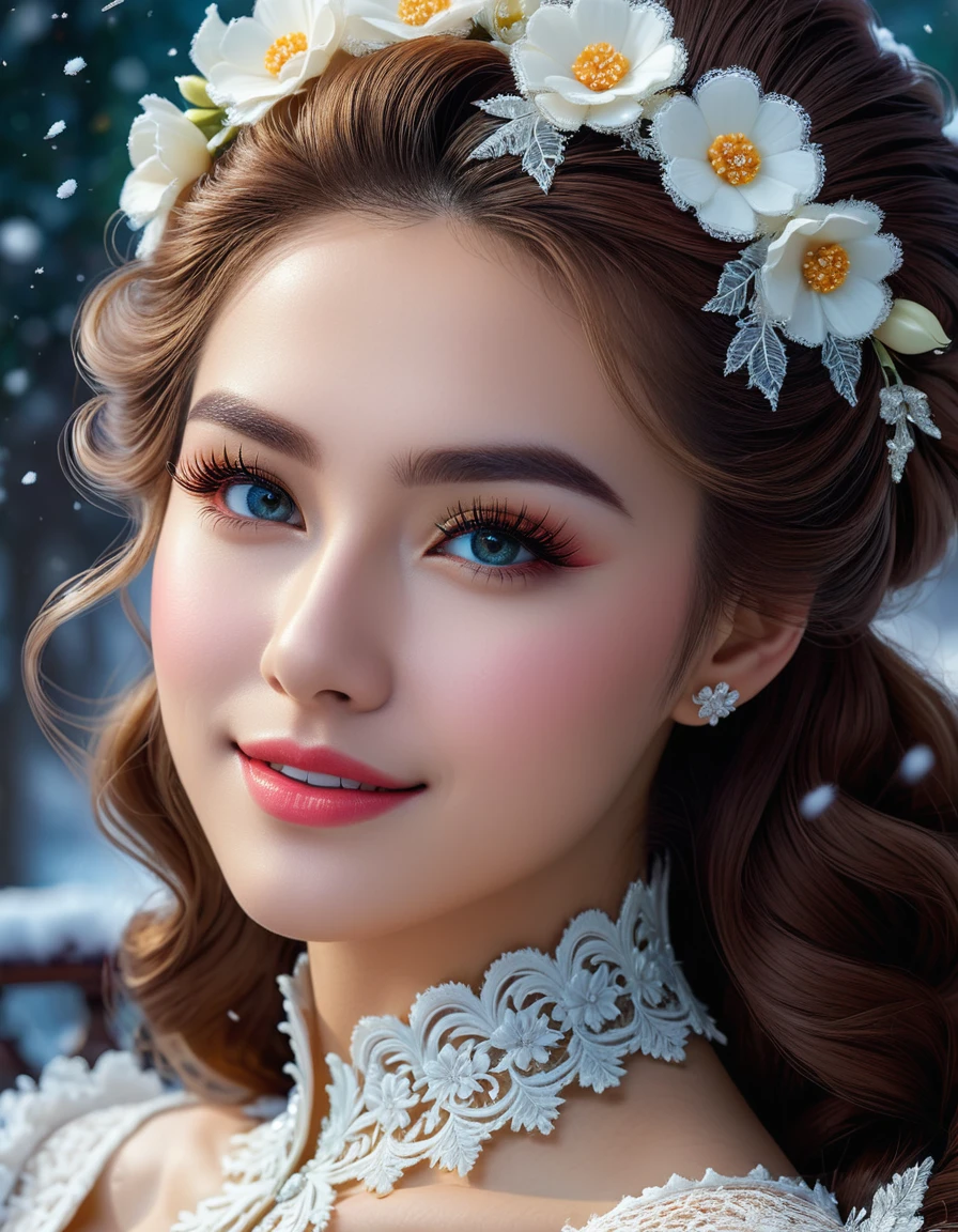 ultra high quality image, close-up, stunningly beautiful girl, long fluffy eyelashes, modern rococo style, with impressionistic softness, snow-white smile, bright colors, ambient lighting, clothes decorated with intricate lace and flowers reminiscent of the era, the scene exudes the highest quality , mutual love, 8k HDR Dolby Vision, digital art, ultra HD, realistic, vibrant colors, high detail, perfect composition, beautiful detailed intricate insanely detailed octane rendering, trending on artstation, 8k art photography, photorealistic concept art, soft natural 3D cinematic perfect light. Lots of details, intricate details, brilliant, magical, stunning, a work of art, a masterpiece.