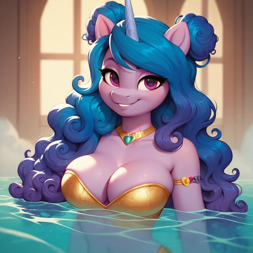score_9, score_8_up, score_7_up, Izzy Moonbow, mlp, G5, anthro, 1girl, purple eyes, solo, two curly top hair knot buns with two curly hair strands on the side, strapless bathing suit, large breasts, cleavage, jewellery, 1girl, solo