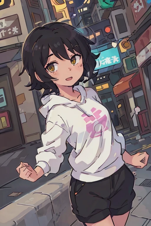 (best qualityer:0.8) perfect anime illustration, a handsome, happy woman with short curly black hair on the city streets, wearing a white sweatshirt, medium long black shorts. yellow eyes