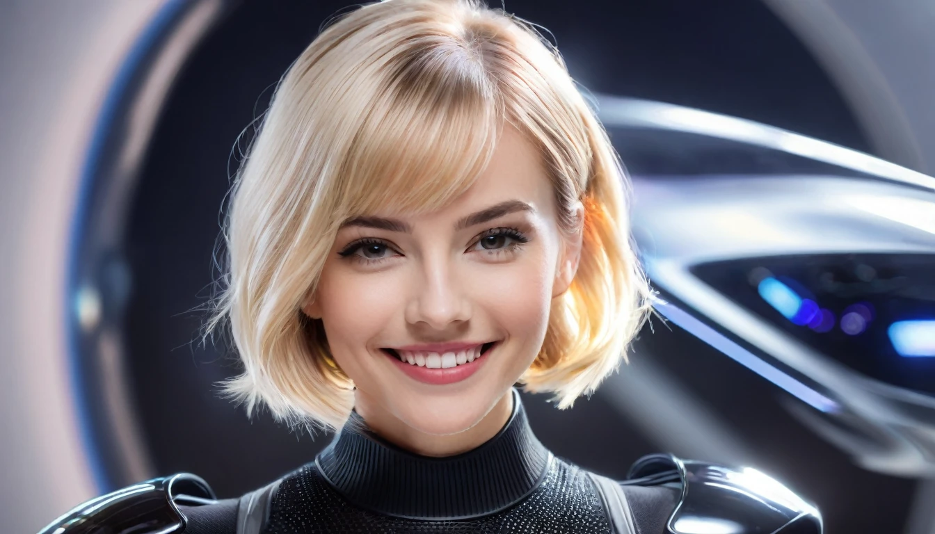 a beautiful 25 yo Prague woman with short blond bob angel hair, great smile wearing a black sweater looking at a black and chrome futuristic Venusian spacecraft, intricate detailing, HDR, vibrant contrast, 32k resolution, luminism lighting techniques, ultra-realistic digital render, bokeh, mass effect, close up black, beauty, pure perfection, divine presence, unforgettable, impressive, breathtaking beauty, Volumetric light, auras, rays, 8k uhd, dslr, soft lighting, high quality, natural textures 8k masterpiece canon eos r4s 50