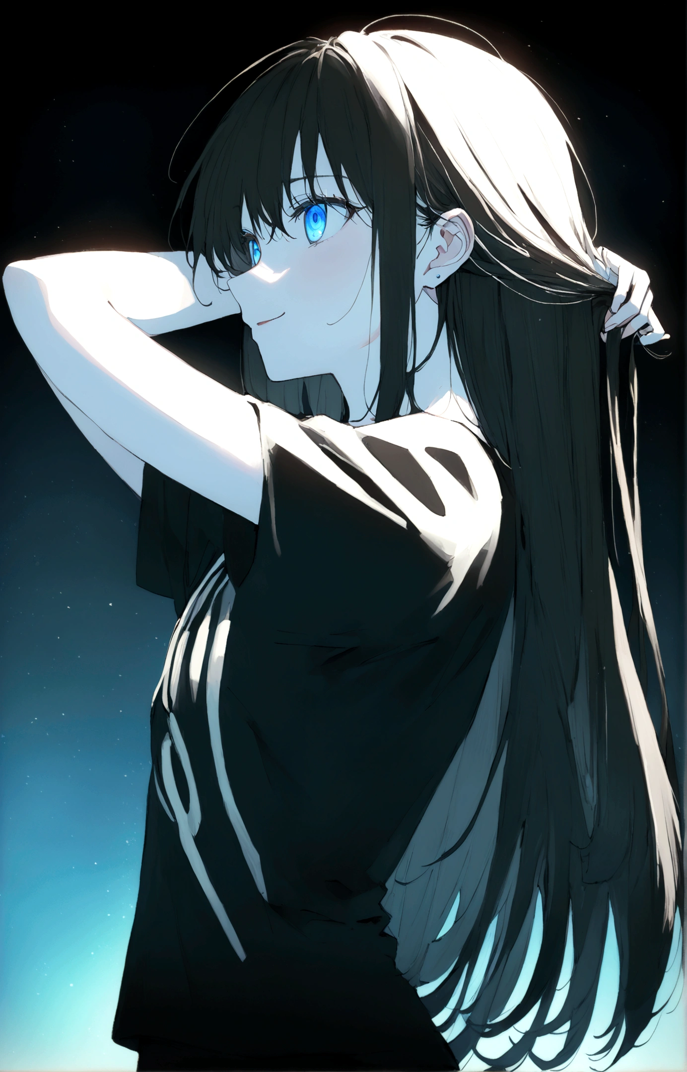 ((Generate a half-length anime portrait of a captivating scene featuring a stunning 20-year-old girl,)) ((semi lateral view,)) with medium long black hair, evil smile, with sports shorts and a black shirt. ((with his arms raised playing with his hair,)) piercing, blue eyes, medium chest, photography style ,