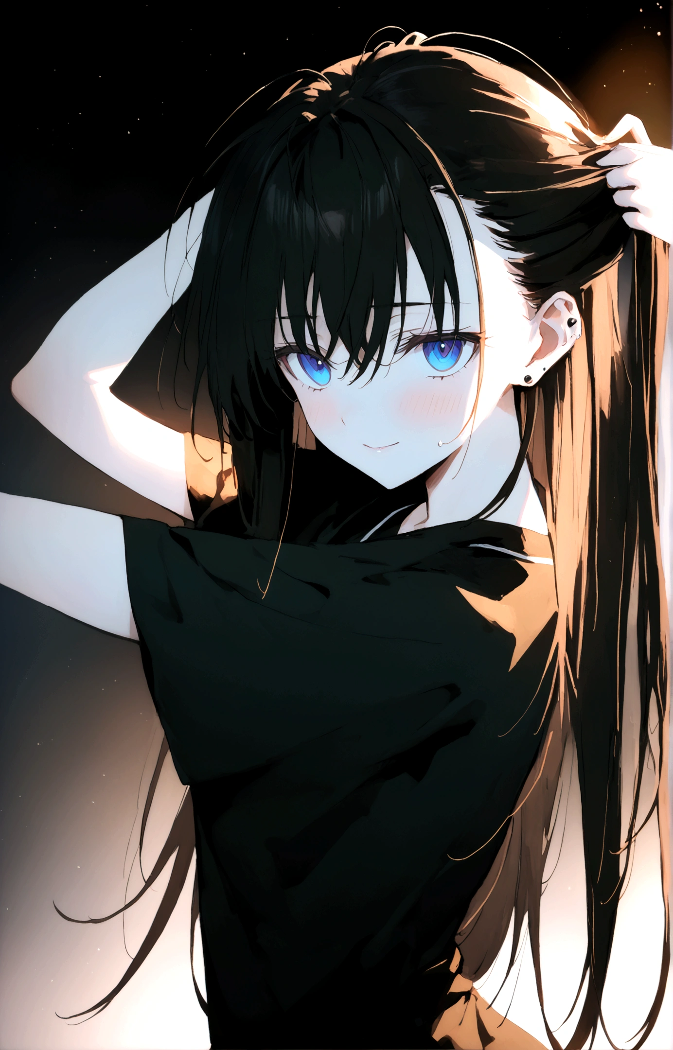 ((Generate a half-length anime portrait of a captivating scene featuring a stunning 20-year-old girl,)) ((semi lateral view,)) with medium long black hair, evil smile, with sports shorts and a black shirt. ((with his arms raised playing with his hair,)) piercing, blue eyes, medium chest, photography style ,