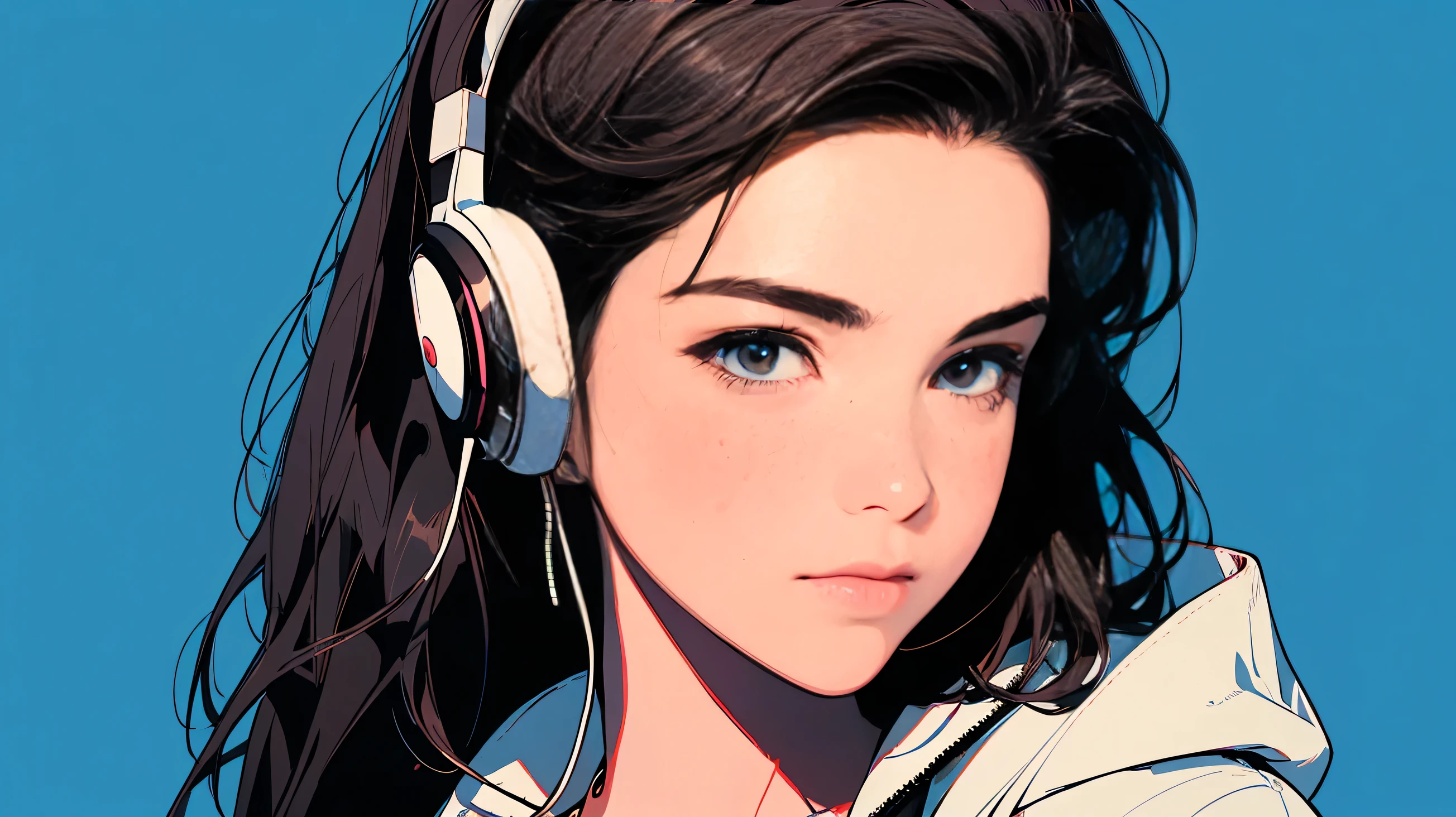 2D illustration, アニメ, Manga style, whole body,ASİAN, Bishamon from noragami, 1 Girl, Big Hair, Shortcuts, create, High resolution, masterpiece, Highest quality, High detail, High detailed eyes, Grain Filter, Detailed Lips, High resolution, Super detailed, Realistic ratio, Anatomically correct, Beautiful young woman, Erin Moriarty pairing:0.7, joey king:0.5, Sydney Sweeney:0.whole bodyポートレート, Illustrator, アニメ , Realistic ,sketch , 1 Girl, ,Lip, hoodie,Order, Blue gradient background, Neon Hair,Textured Trim, (masterpiece,Highest quality), lofi, Battle DJ girl in HIPHOP fashion wearing DJ headphones