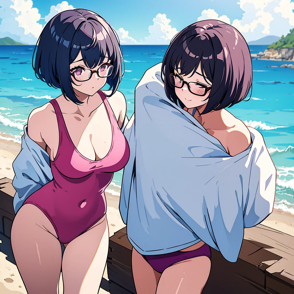 A man hugs a girl with a bob cut and glasses from behind as she takes off her pink swimsuit,Black Hair,Wink,Seaside