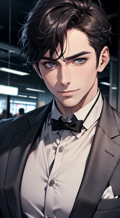 (best quality,4k,8k,highres,masterpiece:1.2),ultra-detailed,(realistic,photorealistic,photo-realistic:1.37),1 man,31 years old,mature man,very handsome,without expression,smile,short grey black hair,blue eyes,penetrating gaze,perfect face without errors,imposing posture,businessman,office background,cinematic lighting,hdr image