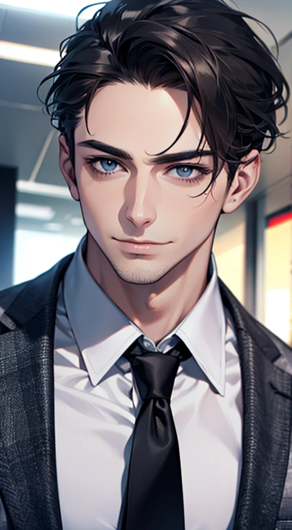 (best quality,4k,8k,highres,masterpiece:1.2),ultra-detailed,(realistic,photorealistic,photo-realistic:1.37),1 man,31 years old,mature man,very handsome,without expression,smile,short grey black hair,blue eyes,penetrating gaze,perfect face without errors,imposing posture,businessman,office background,cinematic lighting,hdr image