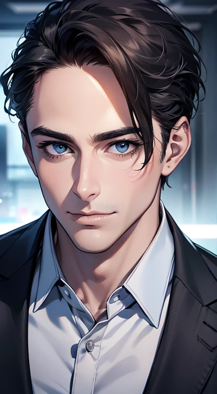 (best quality,4k,8k,highres,masterpiece:1.2),ultra-detailed,(realistic,photorealistic,photo-realistic:1.37),1 man,31 years old,mature man,very handsome,without expression,smile,short grey black hair,blue eyes,penetrating gaze,perfect face without errors,imposing posture,businessman,office background,cinematic lighting,hdr image