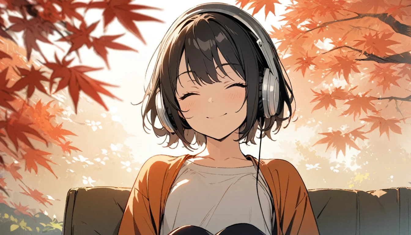 1girl, solo, gentle smile on her face flat chest, short hair, black hair, upper body, ((masterpiece, illustration, best quality)) ((best quality)), ((masterpiece)), (detailed), perfect face, sitting under the japanese maple, listening to music, One woman, wearing headphones, eyes closed