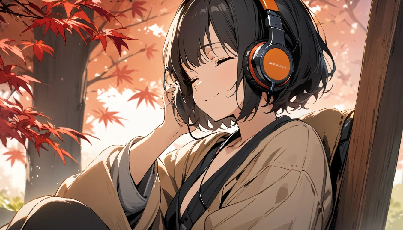 1girl, solo, gentle smile on her face flat chest, short hair, black hair, upper body, ((masterpiece, illustration, best quality)) ((best quality)), ((masterpiece)), (detailed), perfect face, sitting under the japanese maple, listening to music, One woman, wearing headphones, eyes closed