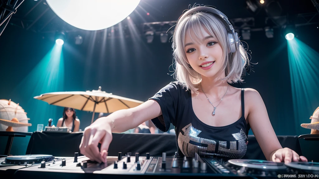 (ultra - detailed, 16K resolution, Cinema lenses, rendering by octane), (high resolution:1.18), intricate detail, (masterpiece:1.1), (highest quality:1.1), (1girl, portrait, white hair, blue eyes, short hair, detailed eyes),Wearing silver DJ headphones, Shiny silver sequined T-shirt, (in the beach:1.5), (Iconic hip-hop pop costumes:1.3), Smile while DJing on stage, DJ studio next to the beach, ((A stylish DJ stage on a hill overlooking the beach)), full body shot, Photorealistic photography by Sunshine, (cute round face:1.3), perfect fingers, five fingers, beautiful hands, perfect hands. master peace, cute smile.