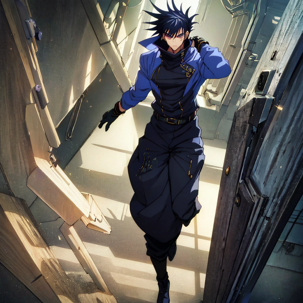 ((anime style)), ((high definition, masterpiece, best quality, lighting)), masterpiece, best quality:1.2), solo, masterpiece, best quality, model, ultra-detalied 8k cg, masterpiece, ((ultra-detailed background, delicate pattern, complex details)), (high detail, fine details), best quality, absurd, masterpiece, 1male, solo, young boy build, high height, male focus, full body focus, violet hair, violet eyes, looks at the viewer, villainous look, Full black Turtleneck with wide Collar, Full black wide Pants, black shoes, Violet gloves,