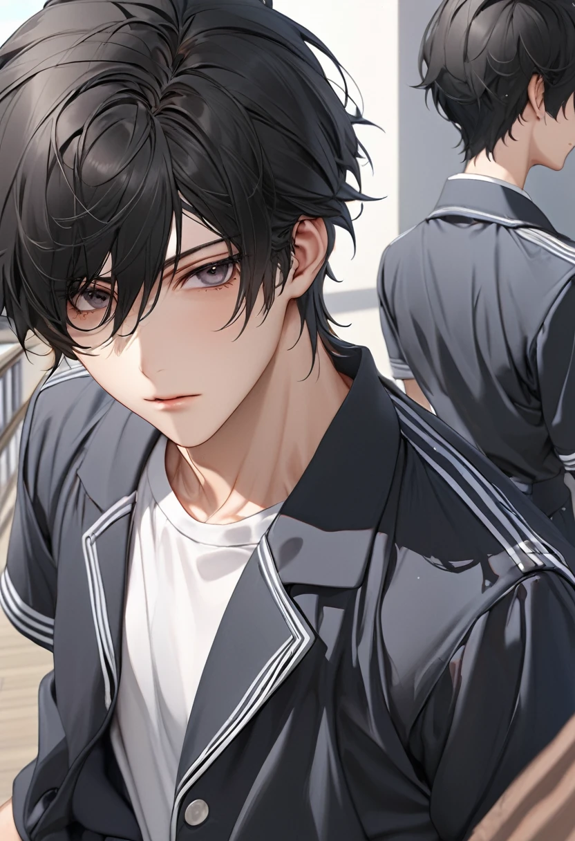 A highschool boy, handsome, perfect body, black hair, short hair, mullet, black eyes, upturned eyes, expressionless, black highschool uniform, anime, first-person view, masterpiece, anatomically correct, high details, highres, best quality, super detail, 1080P