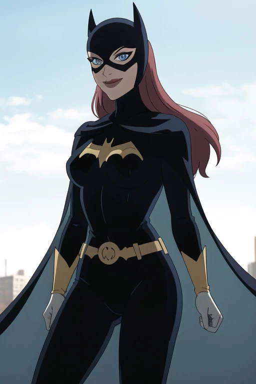 BarbaraG, 1girl, solo, long blue cape, big cape, blue mask, belt, gloves, blue eyes, superhero, long hair, bodysuit, lipstick, batgirl, park, smile, 