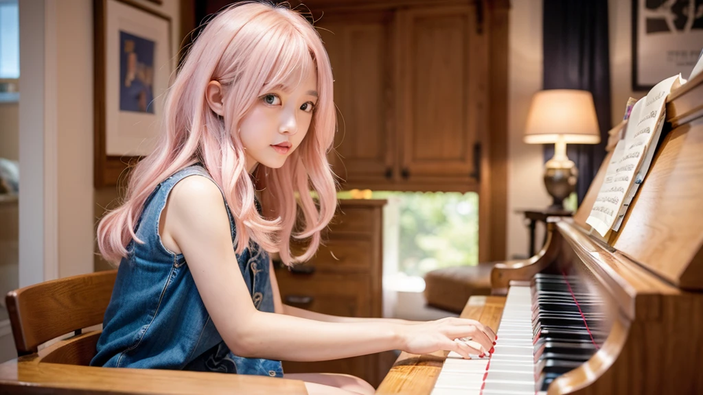 playing piano.Ai Hoshino, beige pink hair, Blue Hair,Long Hair, favorite , Beautiful, shining eyes, Stars in my eyes, Idol,Long pink hair