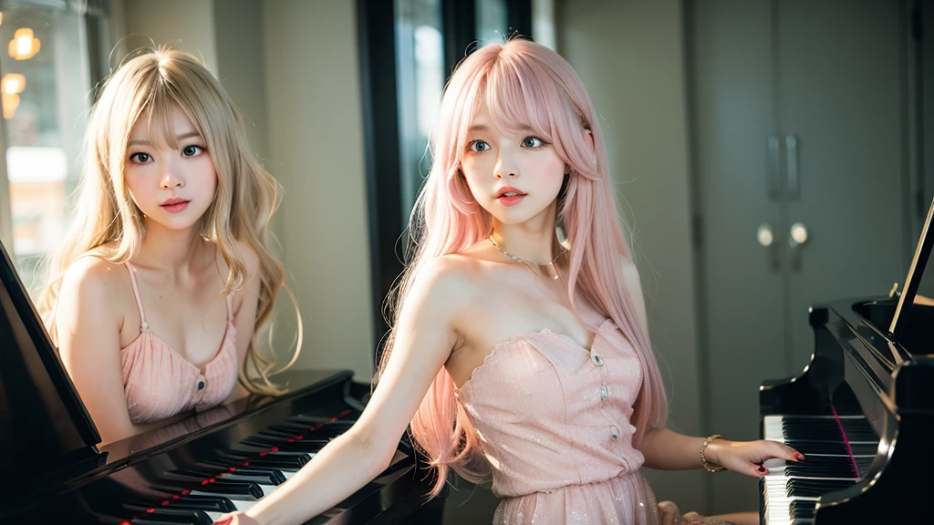 playing piano.Ai Hoshino, beige pink hair, Blue Hair,Long Hair, favorite , Beautiful, shining eyes, Stars in my eyes, Idol,Long pink hair