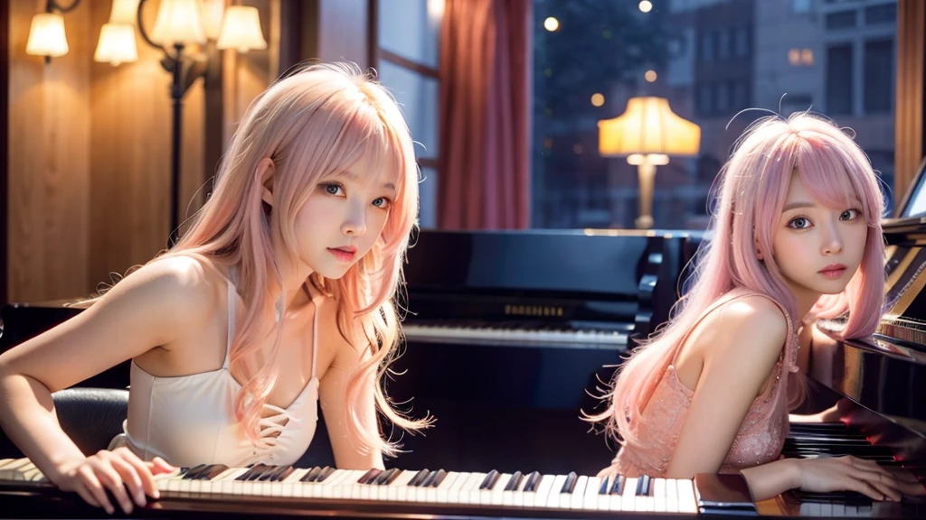 playing piano.Ai Hoshino, beige pink hair, Blue Hair,Long Hair, favorite , Beautiful, shining eyes, Stars in my eyes, Idol,Long pink hair