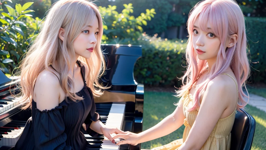 playing piano.Ai Hoshino, beige pink hair, Blue Hair,Long Hair, favorite , Beautiful, shining eyes, Stars in my eyes, Idol,Long pink hair