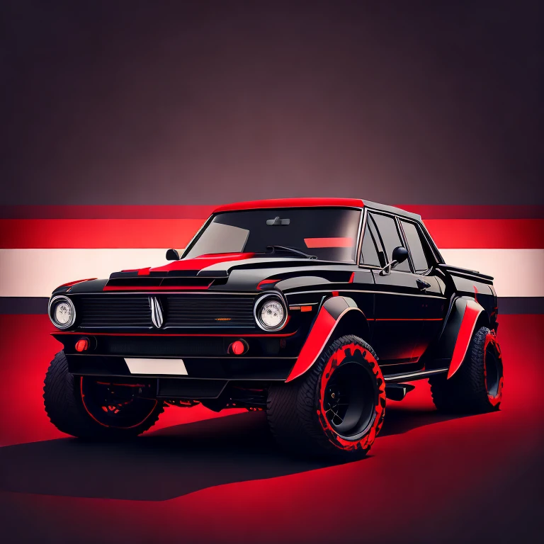 Art for t-shirt graphic design, a modern graphic design, classic black with red roof mad max style truck, ((carbon fiber, Kit de corpo ultra largo Liberty walk)), Aggressive pose ((fund: outside old industrial style building, large windows in fund, cloudy sky, heavy industrial look, cobble stone Street)), 8 k quality, realisitic, 真实感, Spitz, detailded, ultralargo, black and carbon fiber and deep candy colour scheme, frontal profile, epic stance, Epic Ultra Long Body Kit, super low posture, aggressive looks , Street, bold red, fund British flag in vintage pastel tone, highly detailded clean, vector image, realisitic masterpiece, professional photograpy, realisitic car, car sunrise fund, flat black fund, isometric, vibrant vector