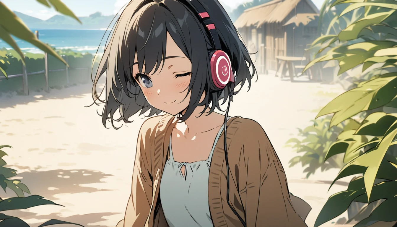 1girl, solo, gentle smile on her face flat chest, short hair, black hair, upper body, ((masterpiece, illustration, best quality)) ((best quality)) In a beach village walking around the village with her headphones on, and having her eyes closed