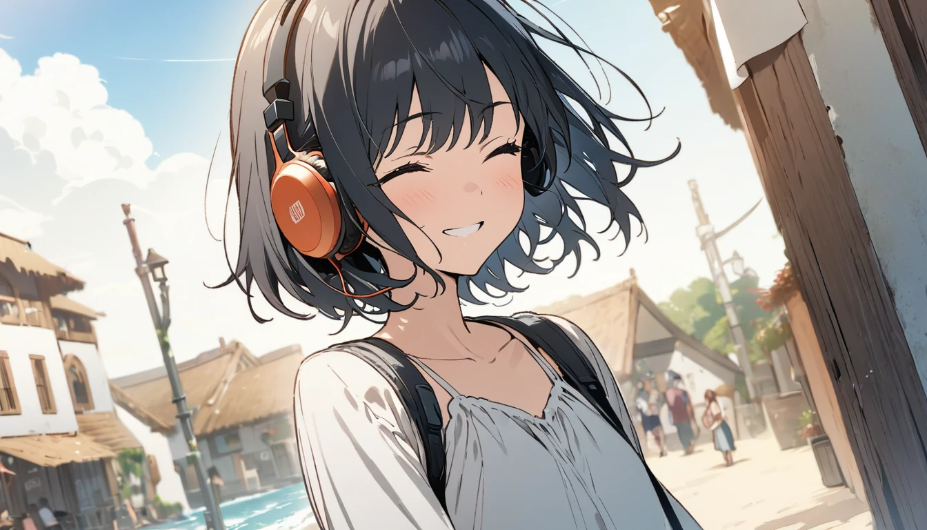 1girl, solo, gentle smile on her face flat chest, short hair, black hair, upper body, ((masterpiece, illustration, best quality)) ((best quality)) In a beach village walking around the village with her headphones on, and having her eyes closed