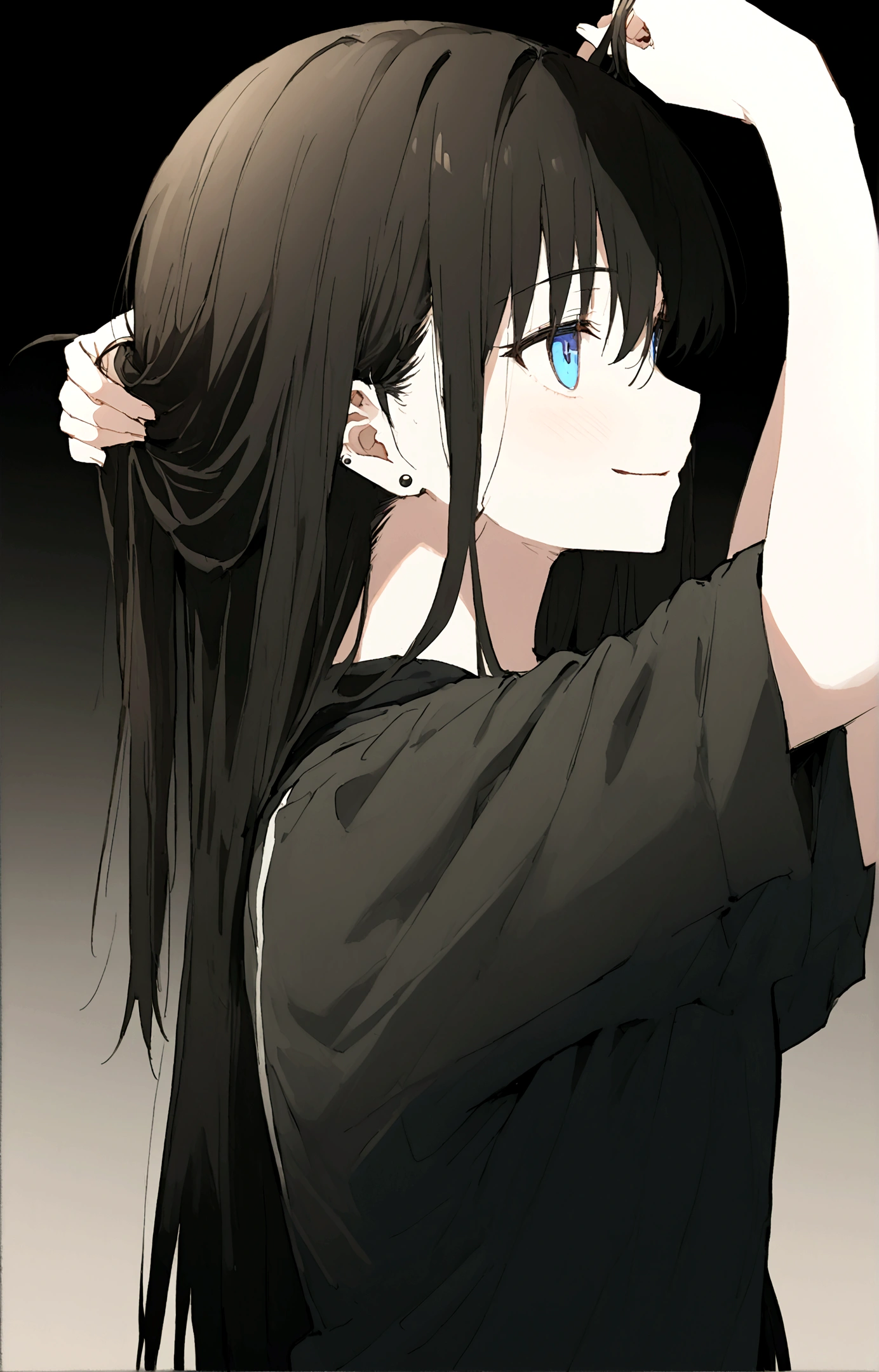 ((Generate a half-length anime portrait of a captivating scene featuring a stunning 20-year-old girl,)) ((semi lateral view,)) with medium long black hair, evil smile, with sports shorts and a black shirt. ((with his arms raised playing with his hair,)) piercing, blue eyes, medium chest, photography style ,