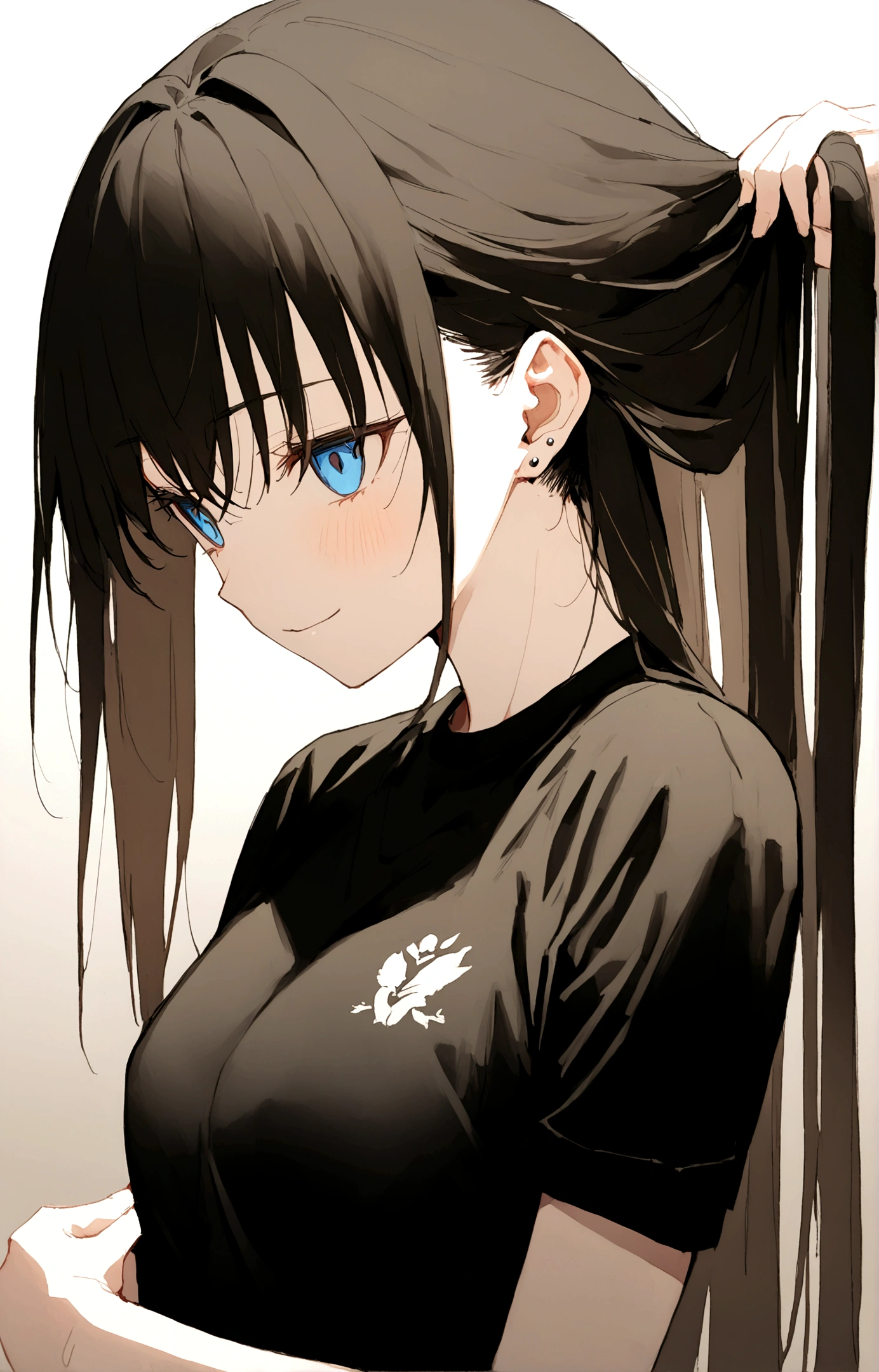 ((Generate a half-length anime portrait of a captivating scene featuring a stunning 20-year-old girl,)) ((semi lateral view,)) with medium long black hair, evil smile, with sports shorts and a black shirt. ((with his arms raised playing with his hair,)) piercing, blue eyes, medium chest, photography style ,