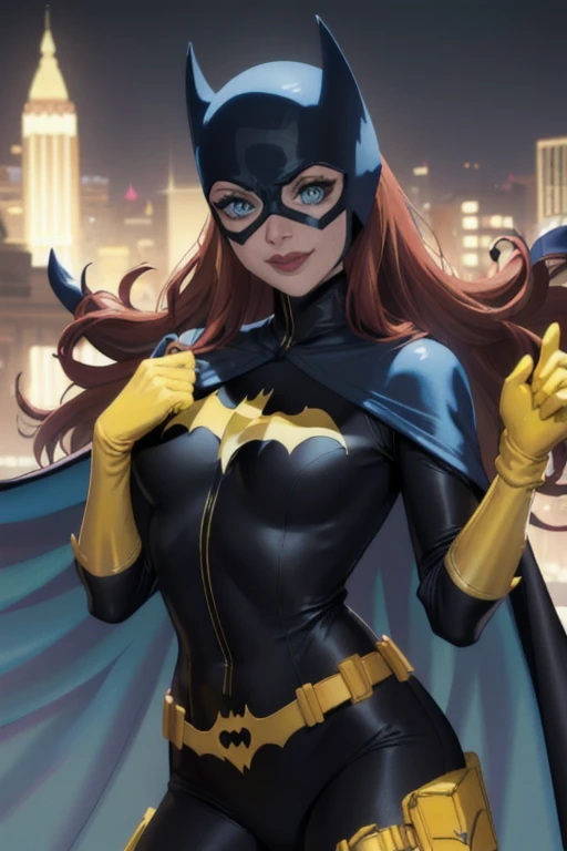 BarbaraG, 1girl, solo, long blue cape, blue mask, yellow belt, yellow gloves, blue eyes, superhero, long hair, bodysuit, lipstick, batgirl, park, city, smile, 