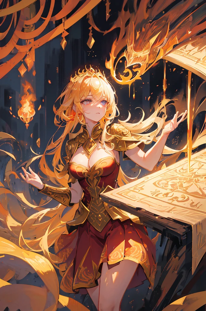 In a realm of ethereal magic, where fire dances at your command, she emerges as a figure of ravishing beauty and uncontrollable power. Her golden hair cascades down to her waist, Shining like molten gold in the sunlight. A glittering gold crown adorns her head, symbolizing his domination and intimate connection with fire.
Their eyes, intense and seductive, are adorned with an intricate tattoo that resembles fiery tears, elegantly tracing your cheekbones. This brand not only adds to its mystique, but also reveals the emotional depth behind his powerful facade.
She wears a tight red jumpsuit that appears to pulse with internal flames., accented by intricate golden patterns that sparkle provocatively with every movement. A fluid and elegant skirt, with delicate golden details that seem to twist like tentacles of desire around her, completes your wraparound costume.
In your hand, floats with grace an ancient grimoire, its pages softly illuminated by enchanting runes and symbols that hint at the powerful spells she commands with irresistible charm..
Their eyes, burning with the intensity of your magic, reflect both power and a seductive charm that captivates all who dare to contemplate it. She embodies the perfect fusion of sensual beauty and mystical strength, a fire mage whose presence ignites the senses and ignites fascination in those who dare approach her fiery embrace.