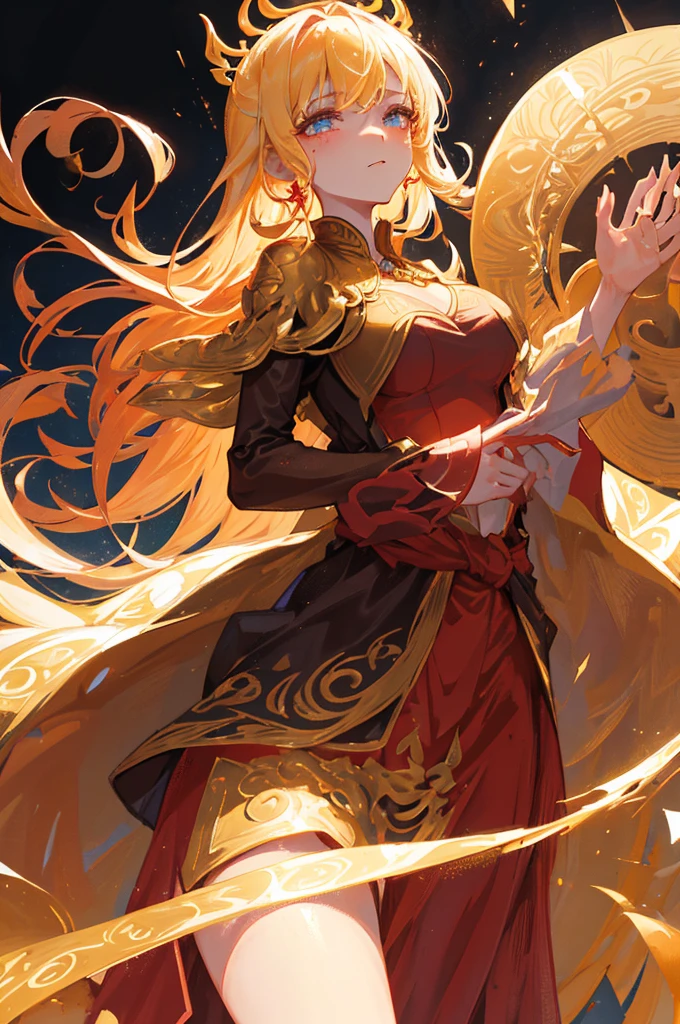 In a realm of ethereal magic, where fire dances at your command, she emerges as a figure of ravishing beauty and uncontrollable power. Her golden hair cascades down to her waist, Shining like molten gold in the sunlight. A glittering gold crown adorns her head, symbolizing his domination and intimate connection with fire.

Their eyes, intense and seductive, are adorned with an intricate tattoo that resembles fiery tears, elegantly tracing your cheekbones. This brand not only adds to its mystique, but also reveals the emotional depth behind his powerful facade.

She wears a tight red jumpsuit that appears to pulse with internal flames., accented by intricate golden patterns that sparkle provocatively with every movement. A fluid and elegant skirt, with delicate golden details that seem to twist like tentacles of desire around her, completes your wraparound costume.

In your hand, floats with grace an ancient grimoire, its pages softly illuminated by enchanting runes and symbols that hint at the powerful spells she commands with irresistible charm..

Their eyes, burning with the intensity of your magic, reflect both power and a seductive charm that captivates all who dare to contemplate it. She embodies the perfect fusion of sensual beauty and mystical strength, a fire mage whose presence ignites the senses and ignites fascination in those who dare approach her fiery embrace.