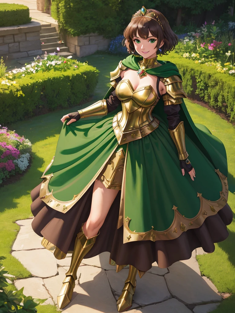masterpiece, best quality:1.2), 1girl, smile, looking at viewer, green eyes, short brown hair, princess, armor, , pauldrons, armored dress, green cloak cape, wearing puffy blue ballgown skirt, golden tiara with green gem, armored boots, fingerless gloves, standing in medieval garden