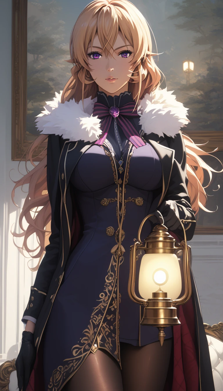 score_9, score_8_up, score_7_up, score_6_up, uncensored, erina nakiri, blonde hair, long hair, purple eyes, BREAK (masterpiece:1.2), best quality, high resolution, (illustration:0.8), (detailed eyes:1.3), perfect lighting, (perfect hands, perfect anatomy), large breasts, 1girl, gloves,  black_gloves,  black_legwear, looking_at_viewer, coat, breasts, fur_collar, jewelry, holding, solo, dress, pantyhose, standing, lamp, 